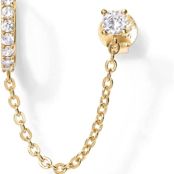 14K Gold Chain Earrings for Women | Double Piercing Dangle Chain Huggie Hoop Ear - Picture 3 of 5